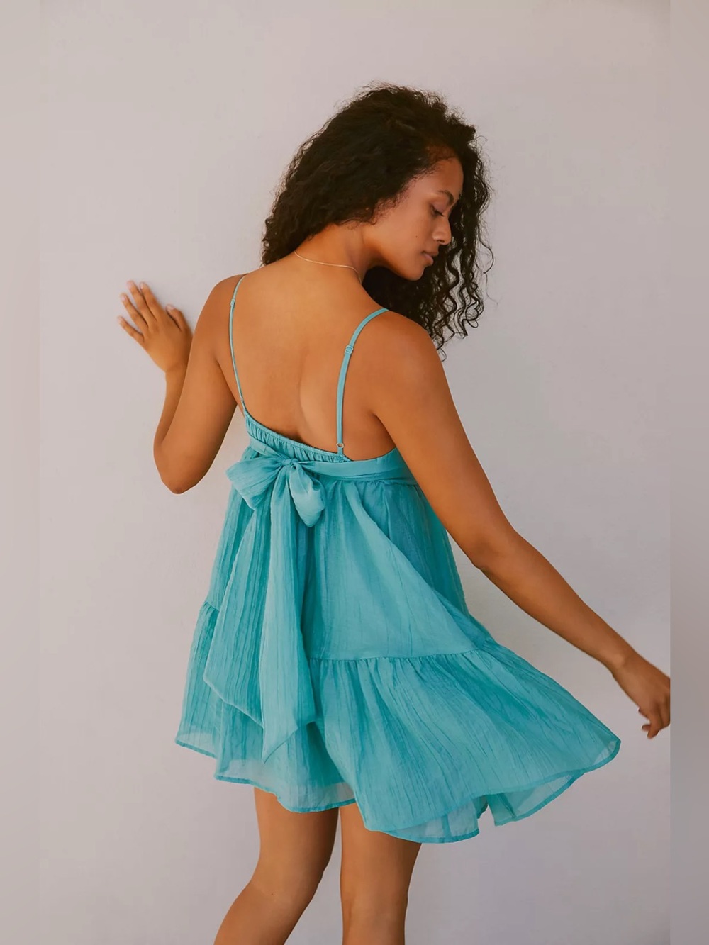 Anthropologie Sarah Hann V Neck Mini Lightweight Teal Tiered Mini Dress with Bow